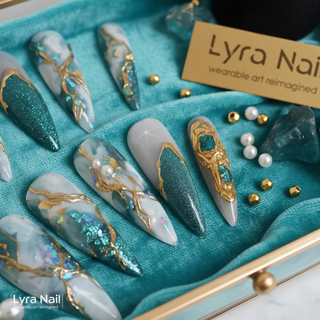 [AC-012]Miss Berger | Artisan Handmade Press On Nails | Vintage Baroque Emerald Cat-Eye with Gold Embossed Vines | Salon Quality, 7-10 Day Shipping