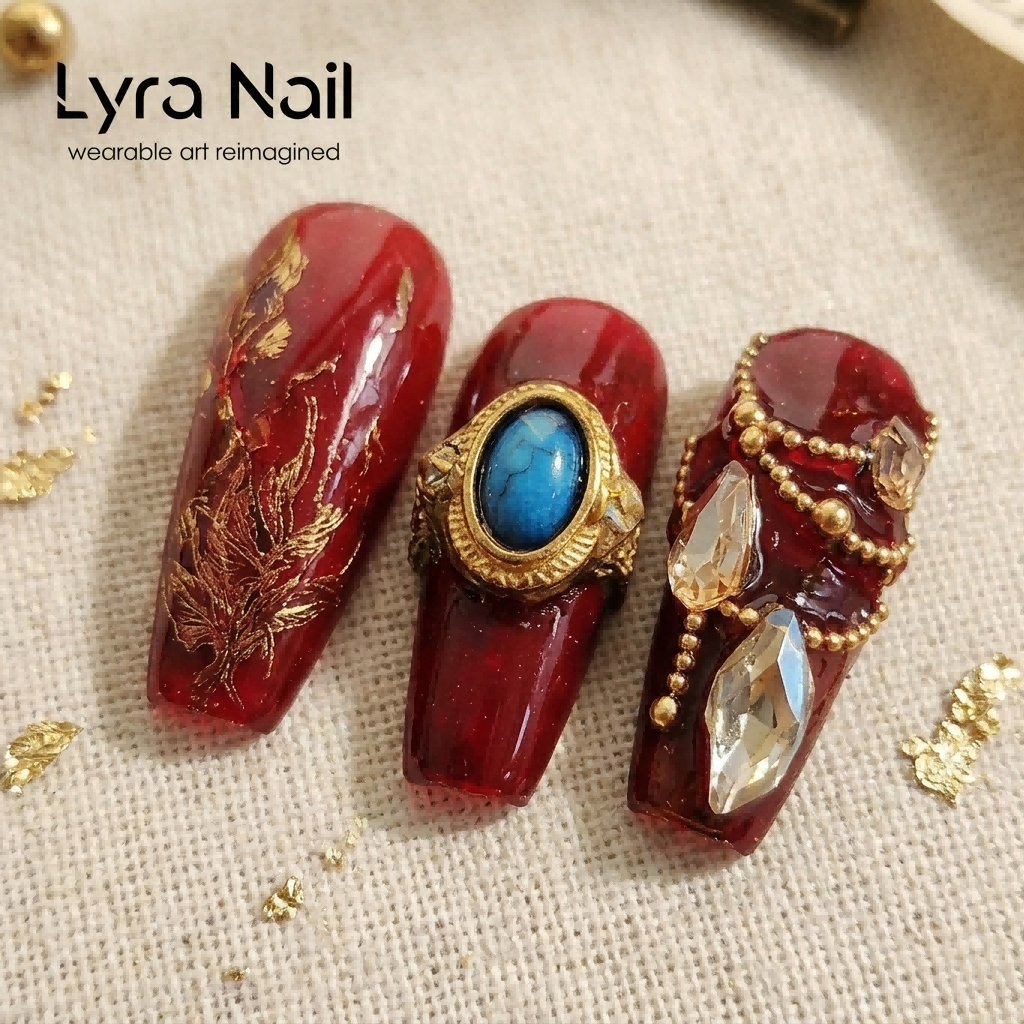[AC-056]Desert Loulan | Artisan Handmade Press On Nails | Exotic Crimson Red & Antique Gold Foil with Turquoise Rings and Flame Flower Filigree | Salon Quality, 7-10 Day Shipping