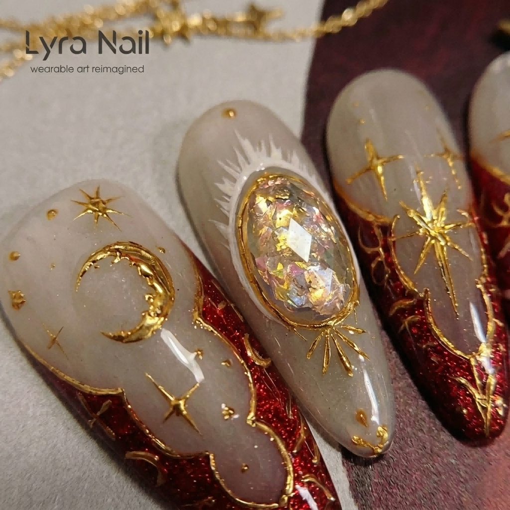 [AC-048]Flamenco Pope | Artisan Handmade Press On Nails | Sacred Crimson Gel with Greek Relief, Golden Celestial Motifs & Starry Crosses | Salon Quality, 7-10 Day Shipping