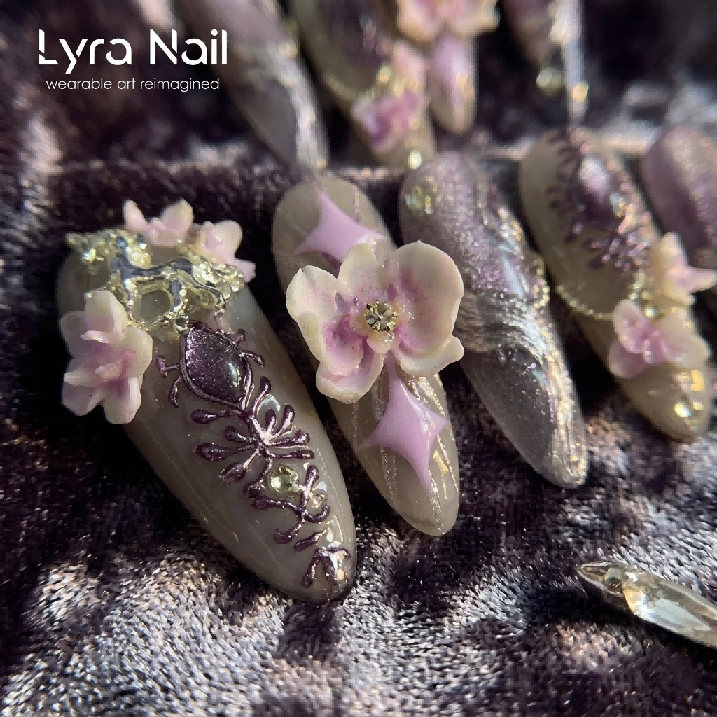 [AC-046]Floral Dreamscape | Artisan Handmade Press On Nails | 3D Sculpted Petals & Mythical Unicorn Motifs in Lavender Dream Tones | Salon Quality, 7-10 Day Shipping