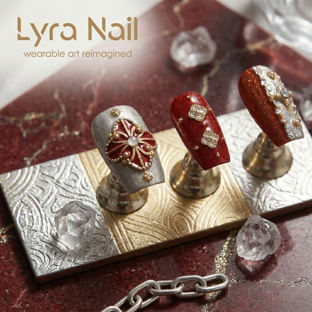 [AC-059]Gypsy Queen Red | Artisan Handmade Press On Nails | Passionate Crimson Velvet & Liquid Silver Chrome with Vintage Clover Studs & Starry Filigree | Salon Quality, 7-10 Day Shipping