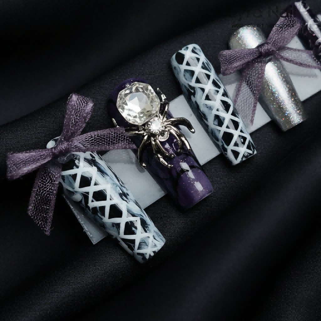 [AC-005]Spider Queen | Artisan Handmade Press On Nails | Dark Mystery Aura with Lace Ribbons, Bows & Spider Web Accents | Salon Quality, 7-10 Day Shipping