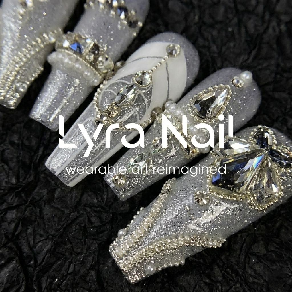 [AC-019]Frozen Fortress | Artisan Handmade Press On Nails | Winter Icy Silver Shimmer with Crystal Cross & Teardrop Gemstones | Salon Quality, 7-10 Day Shipping