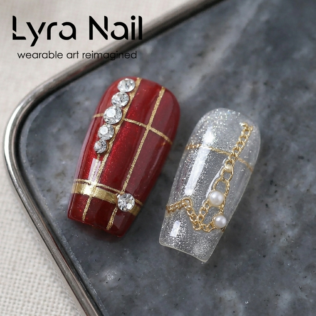 [AC-061]Bourgeois Plaid Red | Artisan Handmade Press On Nails | Translucent New Year Red French Tips with Crystal Plaid, Starry Cat-Eye & Luxury Rhinestone Charms | Salon Quality, 7-10 Day Shipping