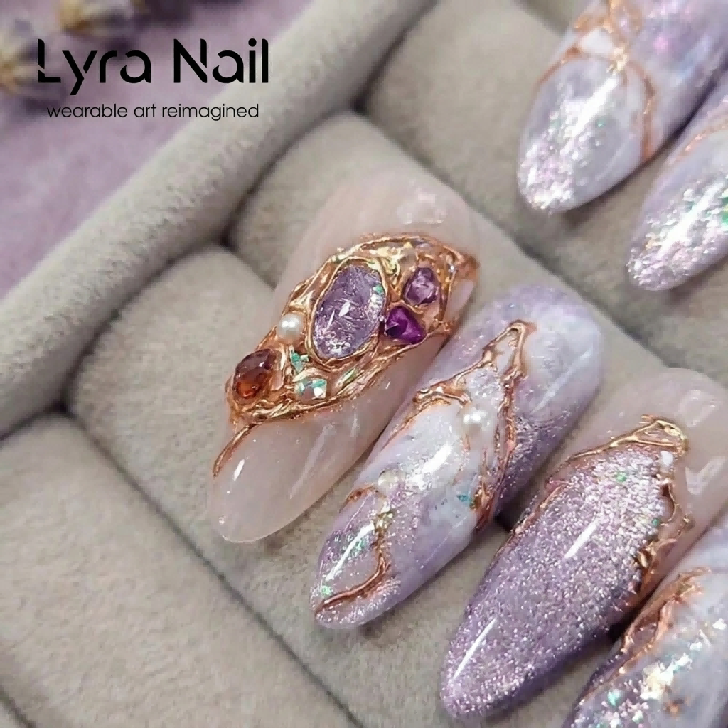 [AC-057]Barrymore Maiden | Artisan Handmade Press On Nails | Ethereal Lilac Marble & Shimmering Cat-Eye with Rose Gold Baroque Filigree | Salon Quality, 7-10 Day Shipping