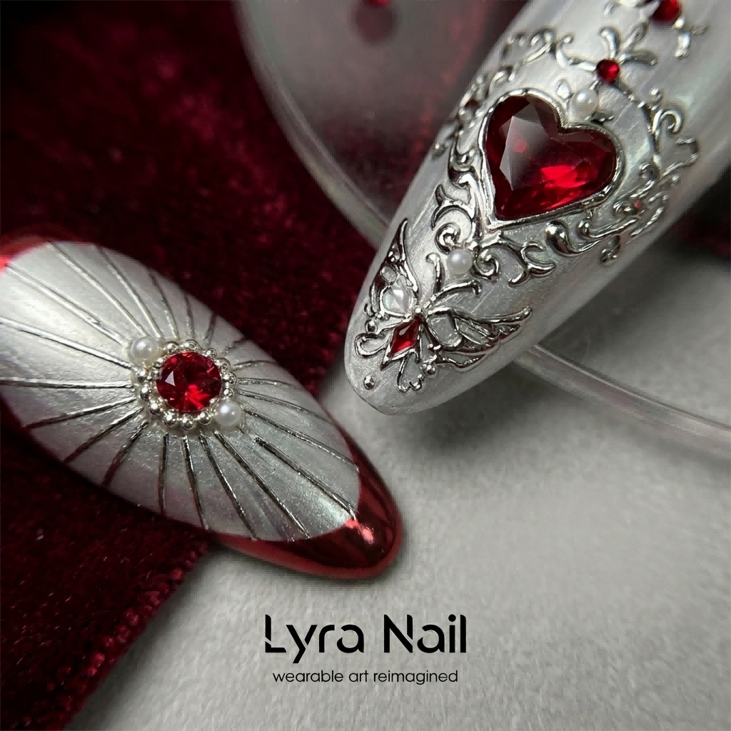 [AC-023]French Baroque Red | Artisan Handmade Press On Nails | Garnet Mirror Chrome & Pearl Stiletto Holiday Collection | Salon Quality, 7-10 Day Shipping