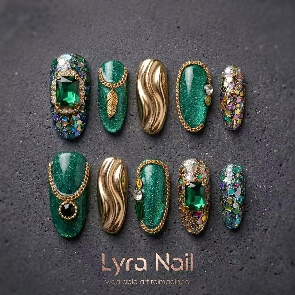 [AC-002]Emerald Jasmine | Artisan Handmade Press On Nails | Vintage European Court Style with Emerald Cat-Eye, Gold Accents & Royal Jewels | Salon Quality, 7-10 Day Shipping