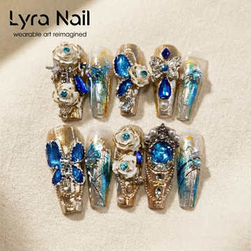 [AC-036]Bermuda Blue Fantasy | Artisan Handmade Press On Nails | Peacock Sapphire Butterfly Charms & White Rose Pearl Couture Coffin | Salon Quality, 7-10 Day Shipping