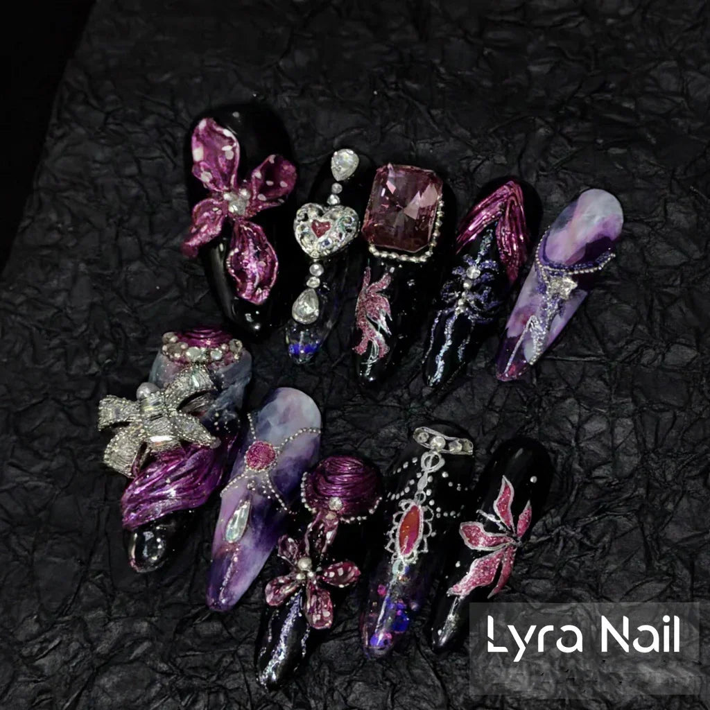 [AC-009]Sacred Guardian | Artisan Handmade Press On Nails | Mystic Purple Floral Marble with 3D Carvings & Pendant Charms | Salon Quality, 7-10 Day Shipping