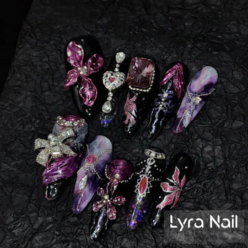 [AC-009]Sacred Guardian | Artisan Handmade Press On Nails | Mystic Purple Floral Marble with 3D Carvings & Pendant Charms | Salon Quality, 7-10 Day Shipping