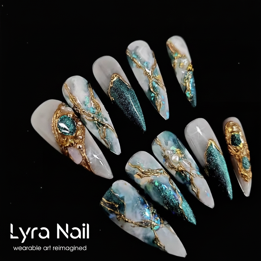 [AC-012]Miss Berger | Artisan Handmade Press On Nails | Vintage Baroque Emerald Cat-Eye with Gold Embossed Vines | Salon Quality, 7-10 Day Shipping
