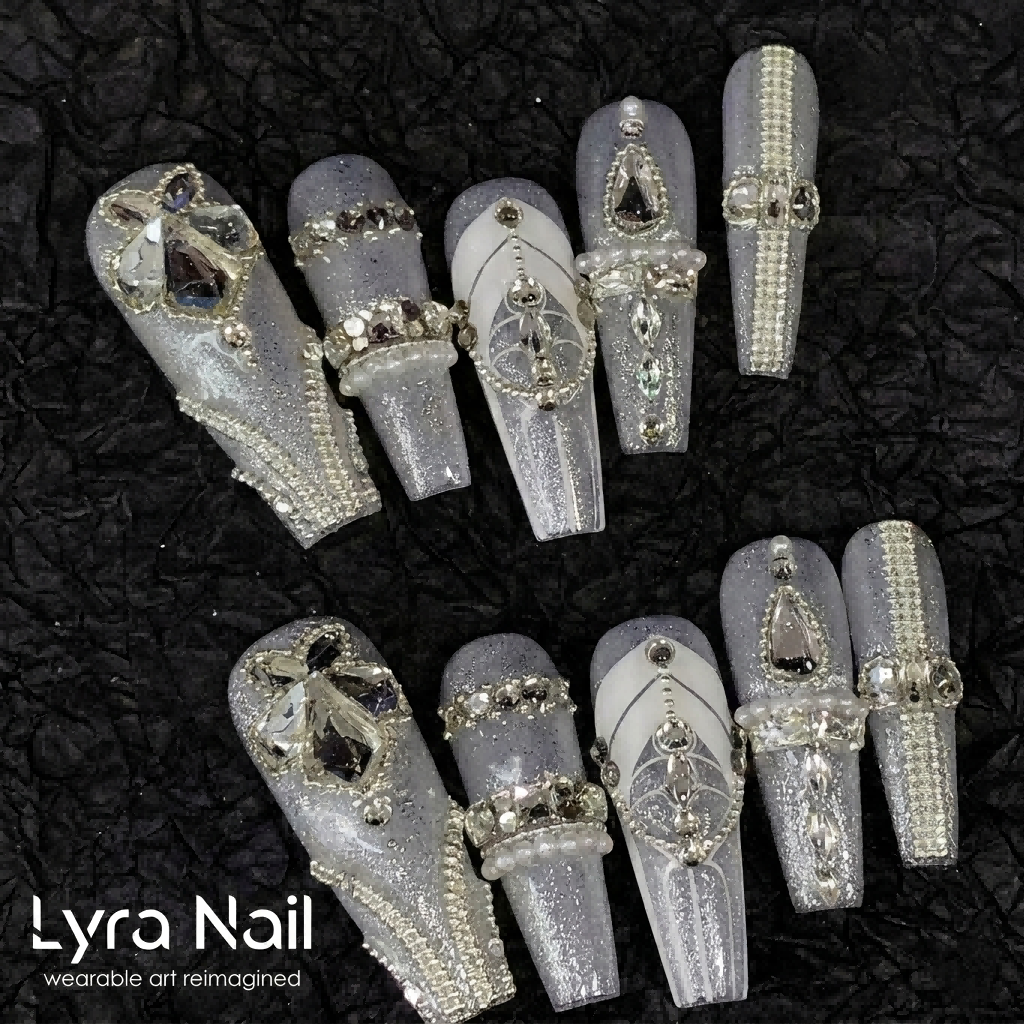 [AC-019]Frozen Fortress | Artisan Handmade Press On Nails | Winter Icy Silver Shimmer with Crystal Cross & Teardrop Gemstones | Salon Quality, 7-10 Day Shipping