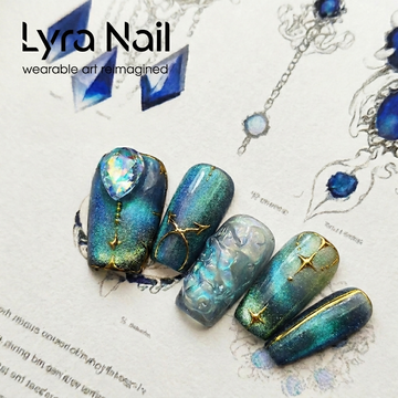 [AC-053]Aqua Neptune | Artisan Handmade Press On Nails | Shimmering Deep Emerald Teal Shimmer & Translucent Waterpool Effect with Starry Diamonds | Salon Quality, 7-10 Day Shipping