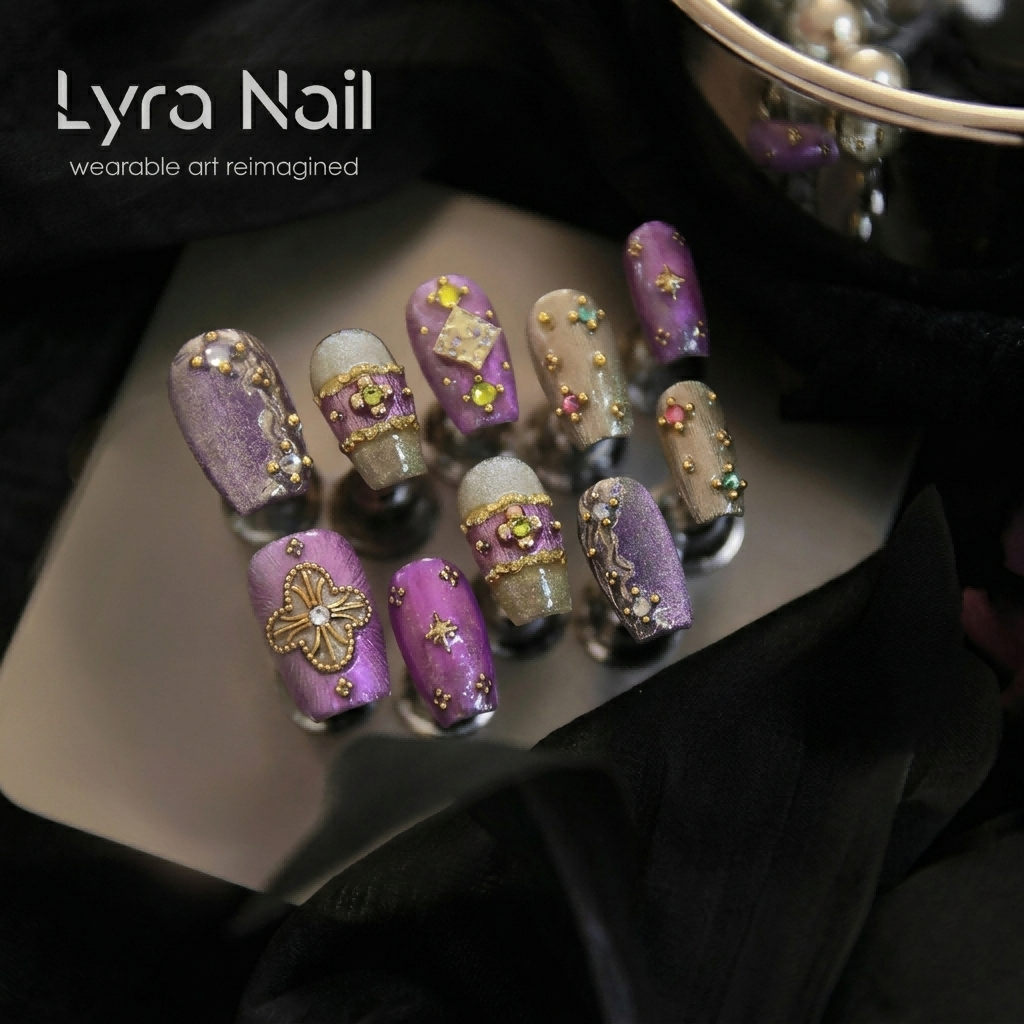 [AC-043]Palace Princess | Artisan Handmade Press On Nails | Buccellati-Inspired Gold Engravings with Vibrant Jewel Tones | Salon Quality, 7-10 Day Shipping