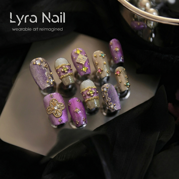 [AC-043]Palace Princess | Artisan Handmade Press On Nails | Buccellati-Inspired Gold Engravings with Vibrant Jewel Tones | Salon Quality, 7-10 Day Shipping