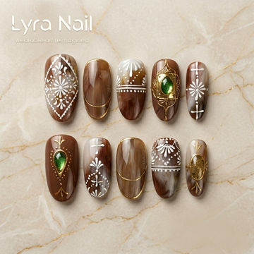 [AC-035]Moroccan Golden Autumn | Artisan Handmade Press On Nails | Exotic Vintage Tile Hand-Painted Fall Aesthetic | Salon Quality, 7-10 Day Shipping
