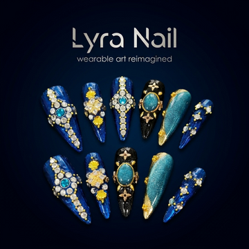 [AC-033]Mediterranean Buccellati | Artisan Handmade Press On Nails | Exotic Heavy Industry Full Diamond Stiletto with Contrast Jewel Inlay | Salon Quality, 7-10 Day Shipping