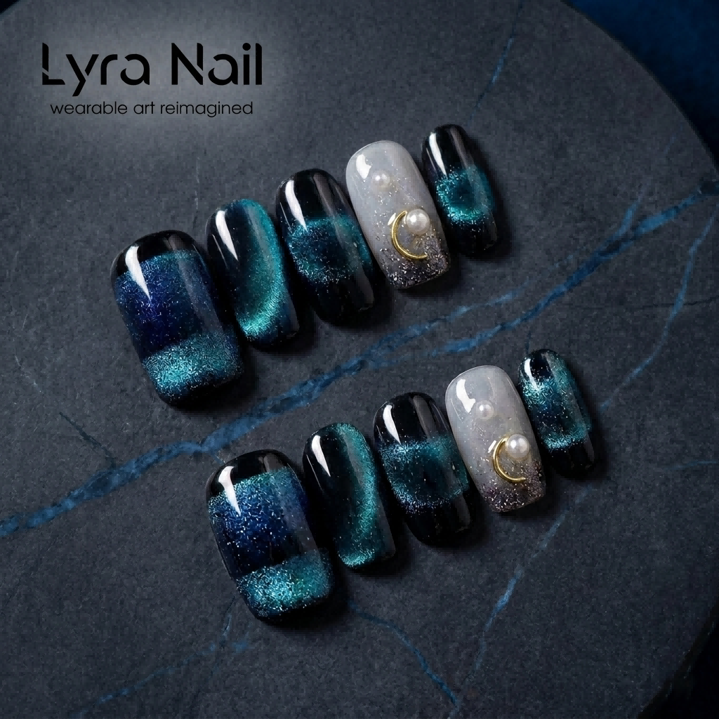 [AC-029]Midnight ESSE Mint | Artisan Handmade Press On Nails | Icy Galaxy Cat-Eye with Crescent Moon & Pearl Accents | Salon Quality, 7-10 Day Shipping
