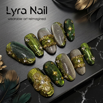 [AC-041]Green Pixie | Artisan Handmade Press On Nails | Vintage Emerald & Gold Cat-Eye with 3D Relief & Starry Accents | Salon Quality, 7-10 Day Shipping