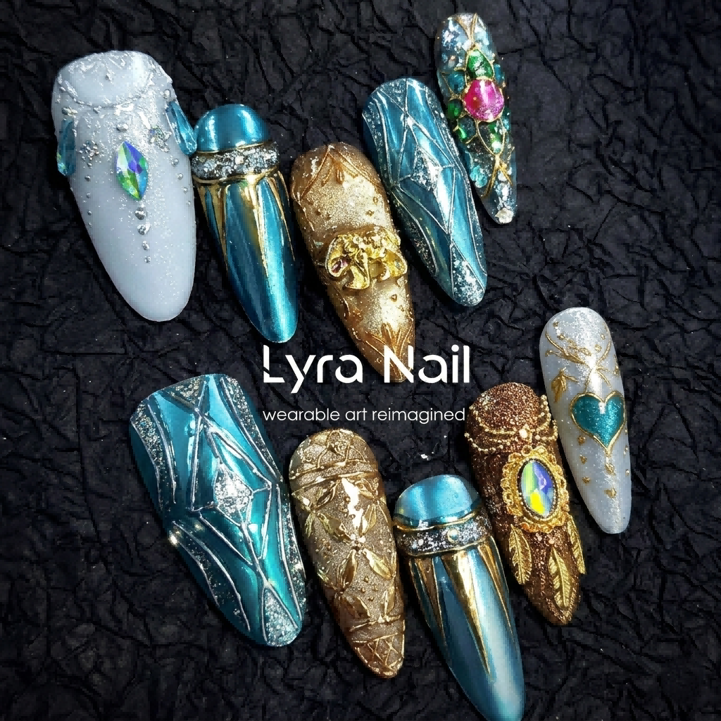 [AC-014]Jasmine's Palace | Artisan Handmade Press On Nails | Regal Gold Embossed with Exotic Teal Cat-Eye | Salon Quality, 7-10 Day Shipping