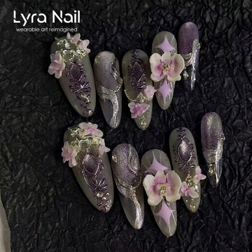 [AC-046]Floral Dreamscape | Artisan Handmade Press On Nails | 3D Sculpted Petals & Mythical Unicorn Motifs in Lavender Dream Tones | Salon Quality, 7-10 Day Shipping