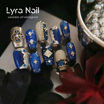 [AC-060]Royal Midnight Blue | Artisan Handmade Press On Nails | Klein Blue & Gold Buccellati Filigree with Starry Gems & Baroque Jewels | Salon Quality, 7-10 Day Shipping