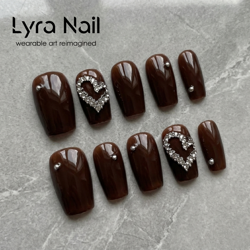 [AC-054]Mocha Caramel Heart | Artisan Handmade Press On Nails | Soft Autumn/Winter Milk Tea Amber with Double-Row Rhinestone Love Hearts | Salon Quality, 7-10 Day Shipping