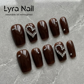 [AC-054]Mocha Caramel Heart | Artisan Handmade Press On Nails | Soft Autumn/Winter Milk Tea Amber with Double-Row Rhinestone Love Hearts | Salon Quality, 7-10 Day Shipping