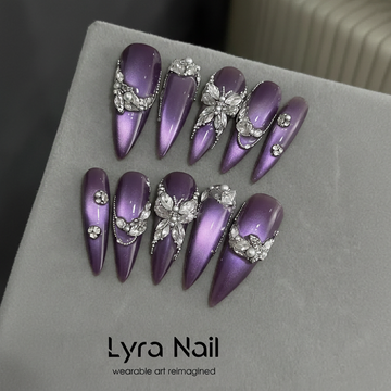 [AC-007]Violet Galaxy | Artisan Handmade Press On Nails | Luxury Deep Purple Cat-Eye with 3D Crystal Butterflies & Rhinestones | Salon Quality, 7-10 Day Shipping