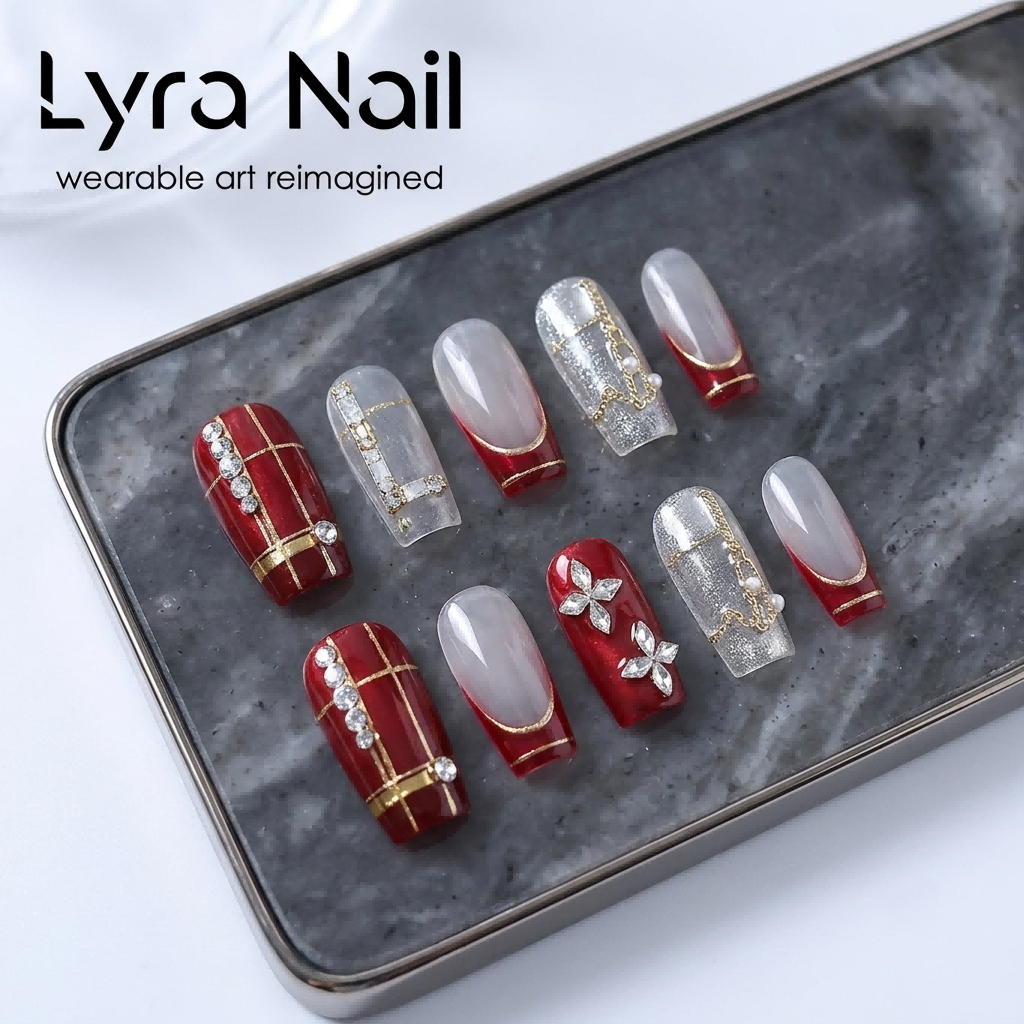 [AC-061]Bourgeois Plaid Red | Artisan Handmade Press On Nails | Translucent New Year Red French Tips with Crystal Plaid, Starry Cat-Eye & Luxury Rhinestone Charms | Salon Quality, 7-10 Day Shipping