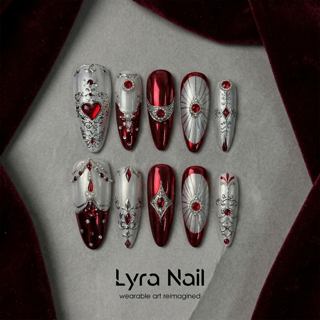 [AC-023]French Baroque Red | Artisan Handmade Press On Nails | Garnet Mirror Chrome & Pearl Stiletto Holiday Collection | Salon Quality, 7-10 Day Shipping