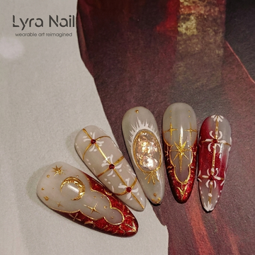 [AC-048]Flamenco Pope | Artisan Handmade Press On Nails | Sacred Crimson Gel with Greek Relief, Golden Celestial Motifs & Starry Crosses | Salon Quality, 7-10 Day Shipping