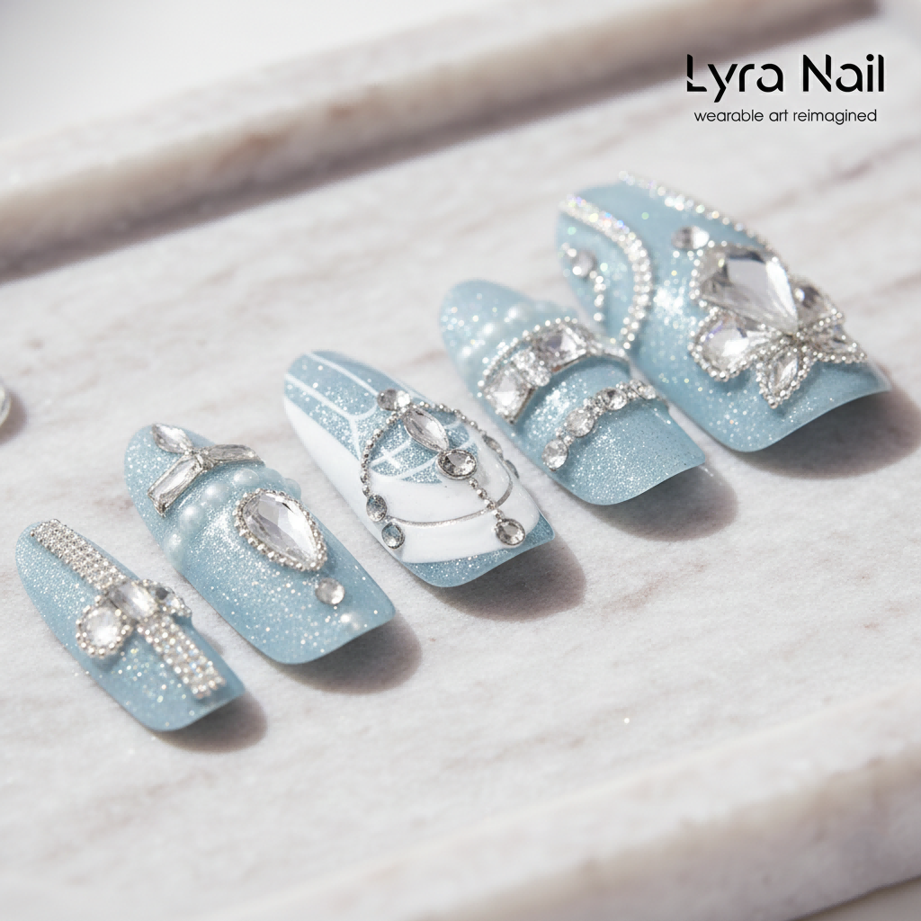 [AC-018]Ice Kingdom Princess | Artisan Handmade Press On Nails | Galaxy Blue Shimmer with Crystal Cross & Teardrop Diamonds | Salon Quality, 7-10 Day Shipping