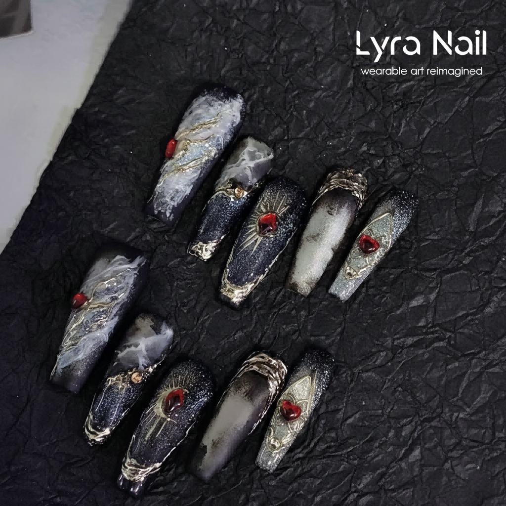 [AC-010]Gothic Metal | Artisan Handmade Press On Nails | Dark Metallic Cat-Eye with Silver Filigree & Ruby Accents | Salon Quality, 7-10 Day Shipping