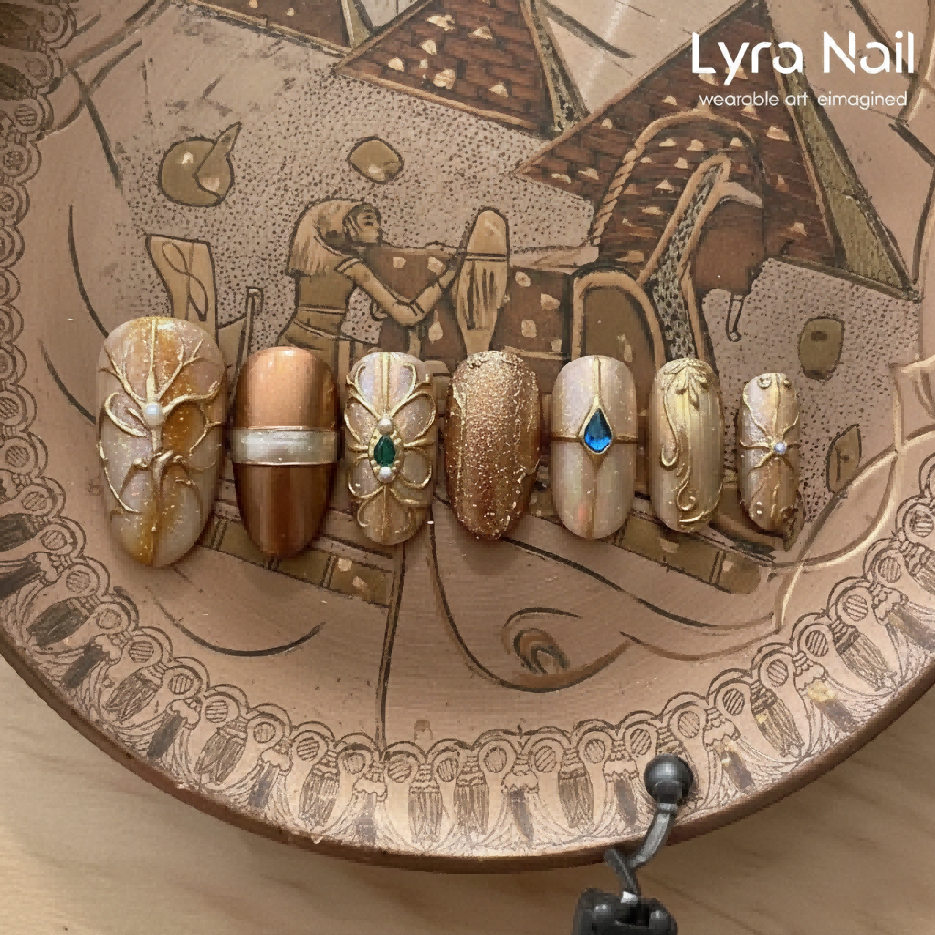 [AC-016]Egyptian Queen | Artisan Handmade Press On Nails | Ancient Mural Style Gold Embossed with Jewel Accents | Salon Quality, 7-10 Day Shipping