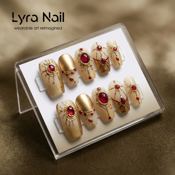 [AC-049]Regal Sovereign | Artisan Handmade Press On Nails | Baroque Gold & Crimson Ruby Palace Style with Heavy Filigree | Salon Quality, 7-10 Day Shipping