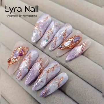 [AC-057]Barrymore Maiden | Artisan Handmade Press On Nails | Ethereal Lilac Marble & Shimmering Cat-Eye with Rose Gold Baroque Filigree | Salon Quality, 7-10 Day Shipping
