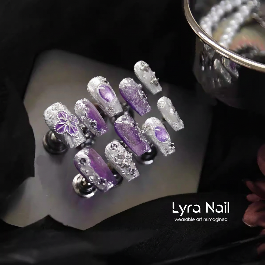 [AC-020]Mystic Purple Buccellati | Artisan Handmade Press On Nails | Vintage Jewelry Silk Texture Coffin | Salon Quality, 7-10 Day Shipping