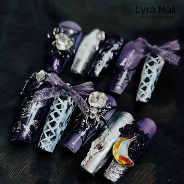[AC-005]Spider Queen | Artisan Handmade Press On Nails | Dark Mystery Aura with Lace Ribbons, Bows & Spider Web Accents | Salon Quality, 7-10 Day Shipping
