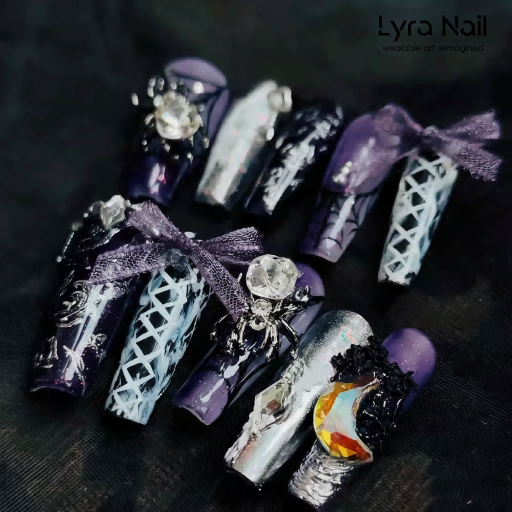 [AC-005]Spider Queen | Artisan Handmade Press On Nails | Dark Mystery Aura with Lace Ribbons, Bows & Spider Web Accents | Salon Quality, 7-10 Day Shipping