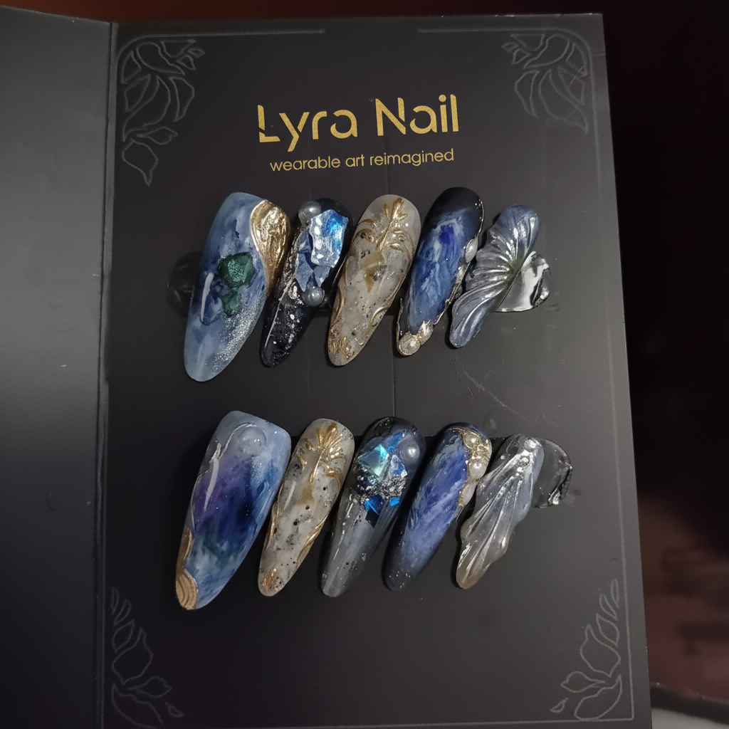 [AC-013]Mera's Wrath | Artisan Handmade Press On Nails | Deep Sea Oceanic Marble with 3D Shells & Gold Filigree | Salon Quality, 7-10 Day Shipping