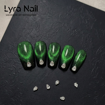 [AC-045]Emerald Sorceress | Artisan Handmade Press On Nails | Deep Magic Green Cat-Eye with Teardrop Diamond Accents | Salon Quality, 7-10 Day Shipping