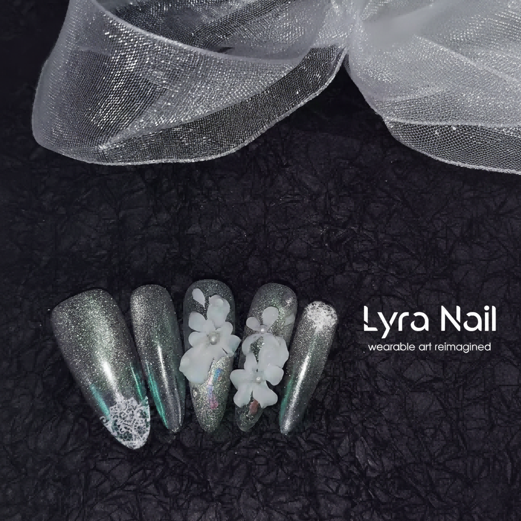 [AC-017]Moonlight Fairy | Artisan Handmade Press On Nails | Silver Cat-Eye Shimmer with 3D Hand-Sculpted Flowers | Salon Quality, 7-10 Day Shipping