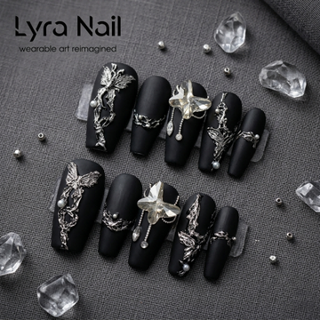 [AC-052]Thorn Butterfly | Artisan Handmade Press On Nails | Dark Silver Chrome & Aurora Swallowtail Wings with Goth Rhinestones | Salon Quality, 7-10 Day Shipping