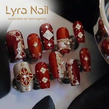[AC-059]Gypsy Queen Red | Artisan Handmade Press On Nails | Passionate Crimson Velvet & Liquid Silver Chrome with Vintage Clover Studs & Starry Filigree | Salon Quality, 7-10 Day Shipping