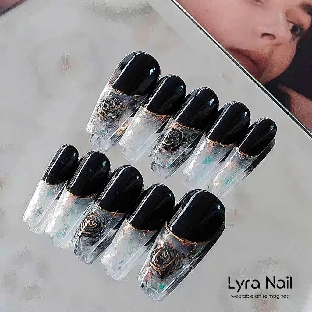 [AC-008]Theia Noir | Artisan Handmade Press On Nails | French Milky Opaque with Gold-Stamped Black Roses & Ink Watercolor | Salon Quality, 7-10 Day Shipping