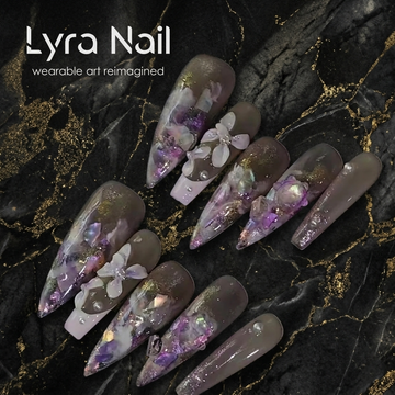 [AC-032]Cinderella Iris | Artisan Handmade Press On Nails | Winter Milk Tea Taro Purple with 3D Floral Accents | Salon Quality, 7-10 Day Shipping