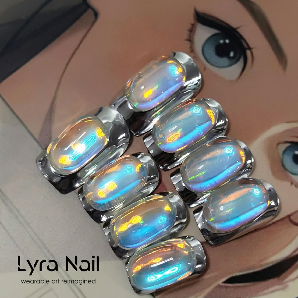 [AC-021]Aura Beam Bulb | Artisan Handmade Press On Nails | Bling Laser Ice Cube Holographic Chrome | Salon Quality, 7-10 Day Shipping