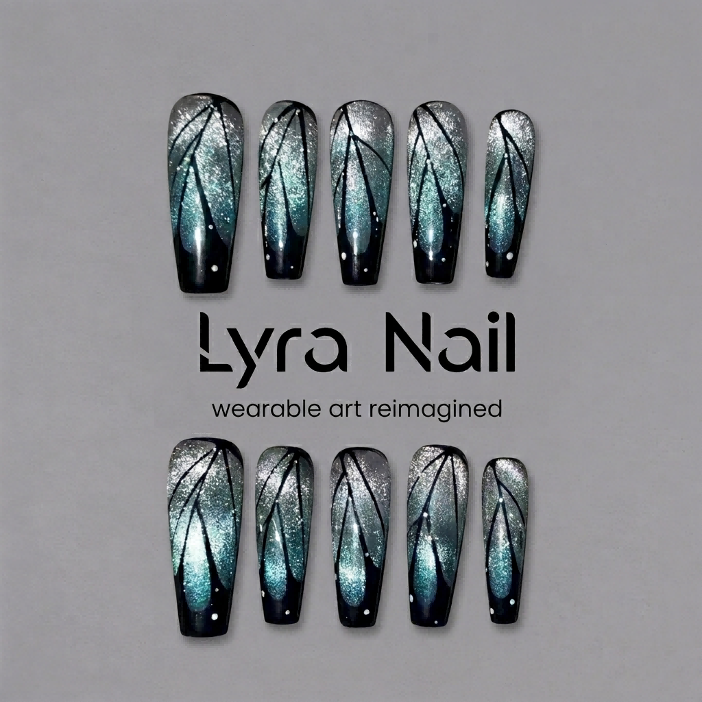 [AC-028]Ice Blue Wing | Artisan Handmade Press On Nails | Butterfly Silhouette Icy Cat-Eye Gradient Summer Coffin | Salon Quality, 7-10 Day Shipping
