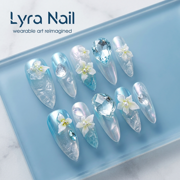 [AC-042]Thai Sparkling Cider | Artisan Handmade Press On Nails | Ice-Blue Jelly Gradient with Bubble Textures & Crystal Droplets | Salon Quality, 7-10 Day Shipping